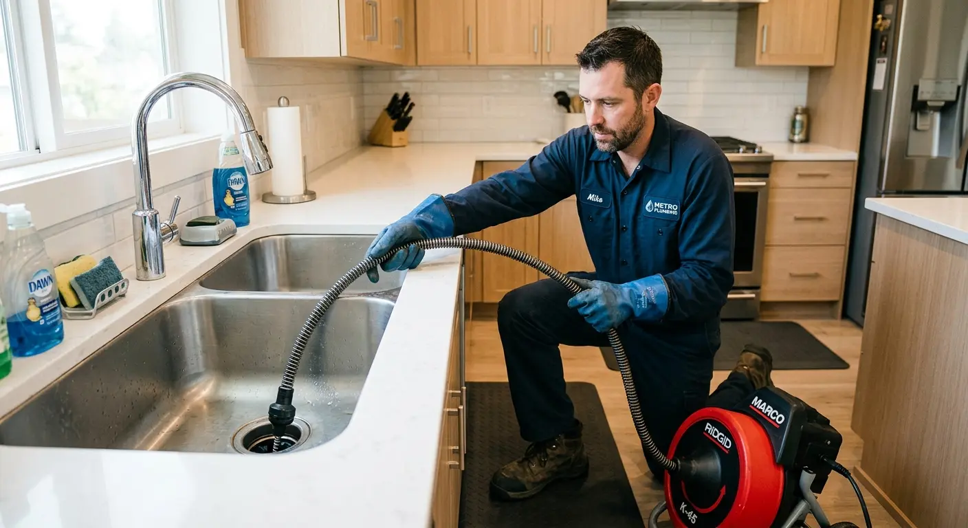 Drain cleaning technician using a motorized snake on a kitchen sink in Kingsburg
