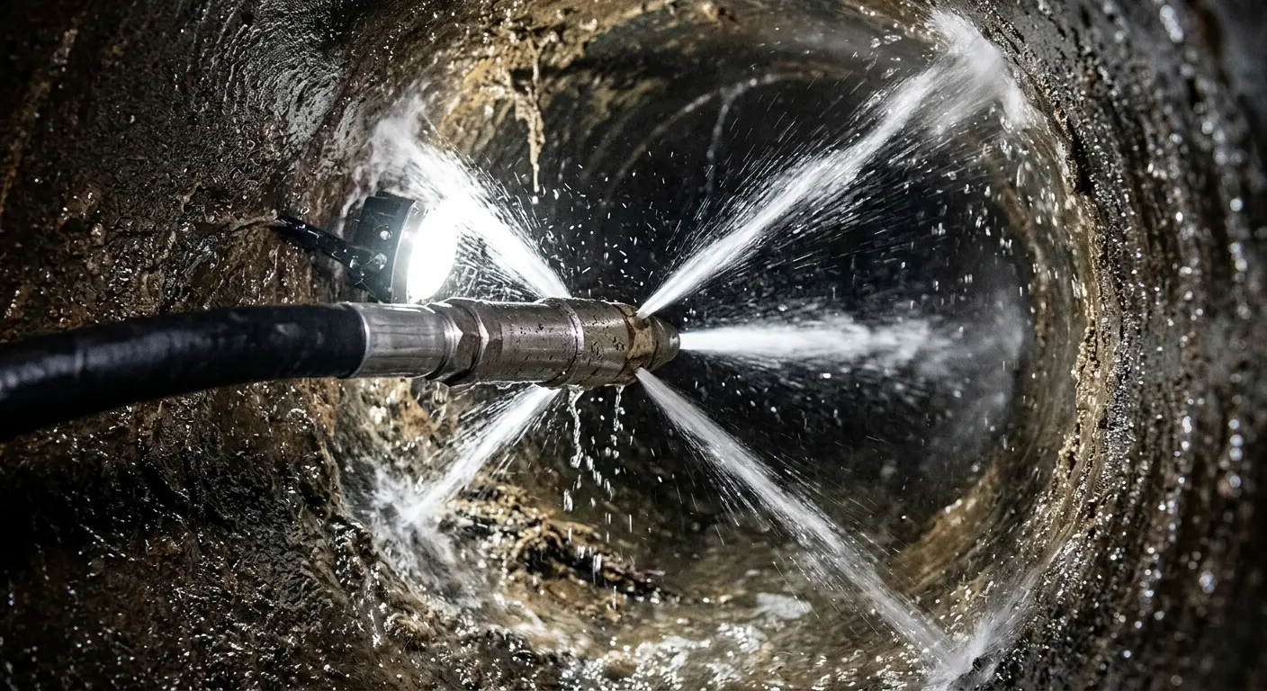 High-pressure hydro jetting nozzle cleaning sewer pipe for Storm Drain Cleaning in Kingsburg