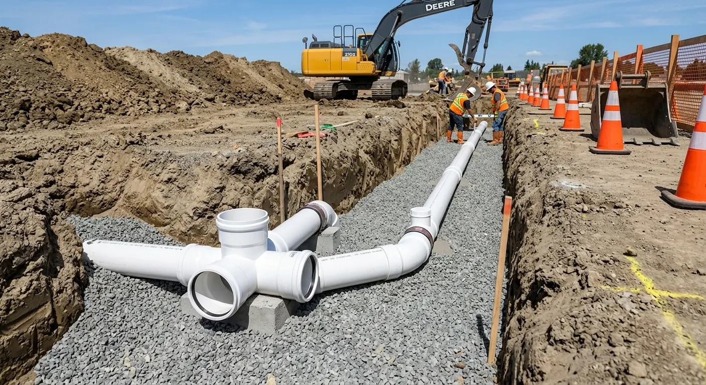 New PVC sewer pipe installation in open trench for Sewer Backup in Kingsburg