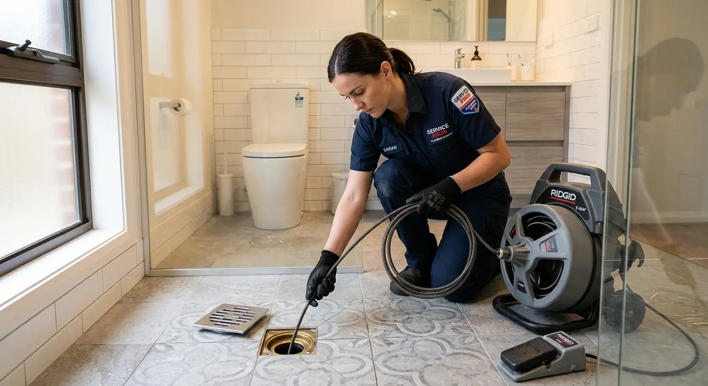 Technician clearing a bathroom floor drain for Sewer Line Replacement in Kingsburg